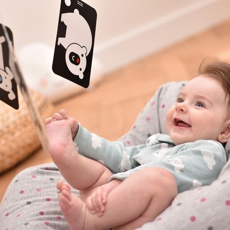 Cartes Contrastées sur Anneau pour Bébés 3m+ Banana Panda - Stimulez l'Éveil Visuel Précoce