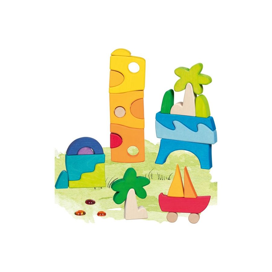 Coffret de construction Honolulu - 3 galets de verre - Goki Evolution - Jouet bois 3 ans