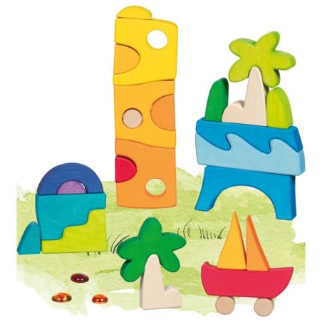 Coffret de construction Honolulu - 3 galets de verre - Goki Evolution - Jouet bois 3 ans