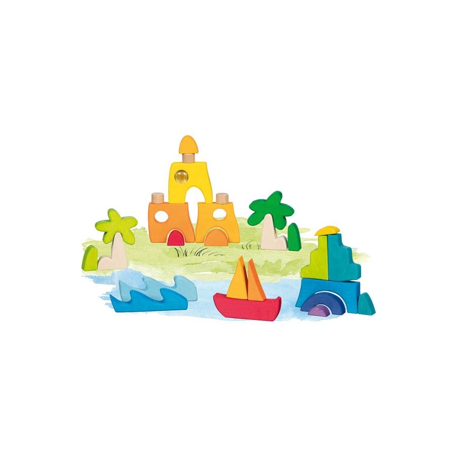 Coffret de construction Honolulu - 3 galets de verre - Goki Evolution - Jouet bois 3 ans