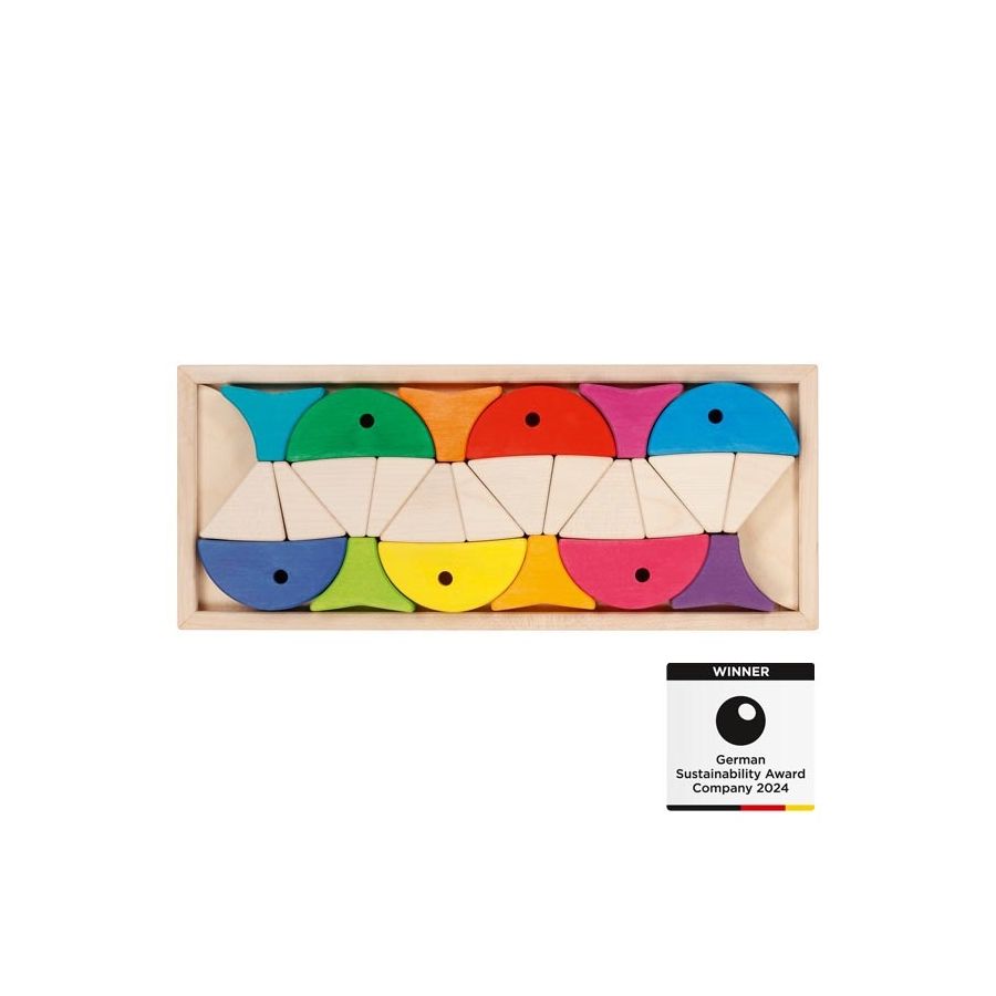 Coffret de construction et puzzle 6 poissons colorés - Goki Evolution - Blocs en bois dès 2 ans