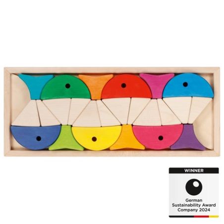 Coffret de construction et puzzle 6 poissons colorés - Goki Evolution - Blocs en bois dès 2 ans
