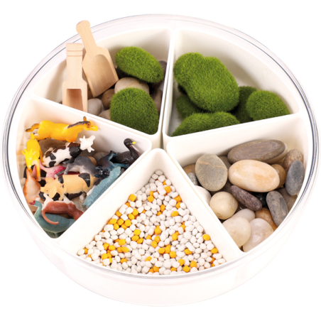Bac d’exploration Ferme – Sensoriel animaux, mousse, galets
