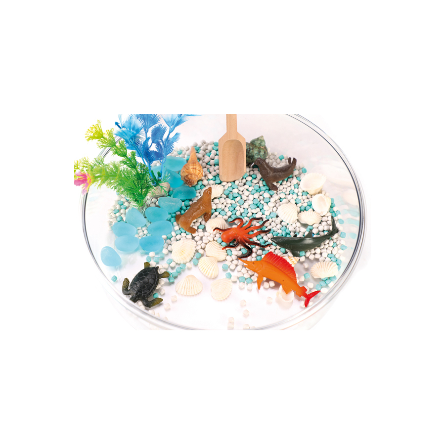 Bac d’exploration Mer – Sensoriel animaux marins, galets, mousse