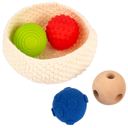 Set 4 balles sensorielles textures + panier | Educo