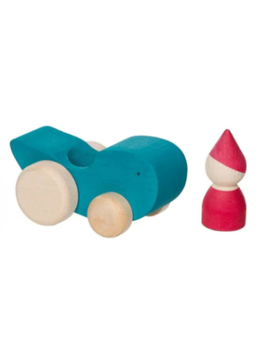 Voiture bleue en bois avec personnage - Jouet libre | Les Minis