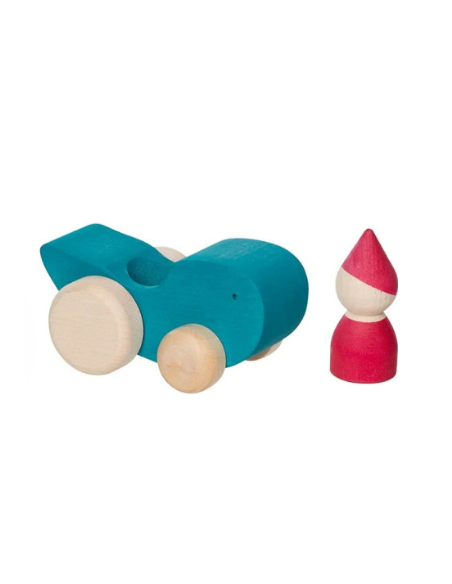 Voiture bleue en bois avec personnage - Jouet libre | Les Minis