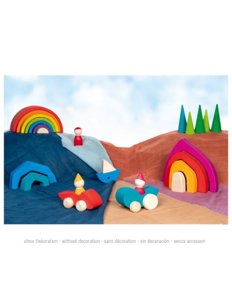 Lot 2 voitures en bois rouge et bleue avec personnages | Les Minis