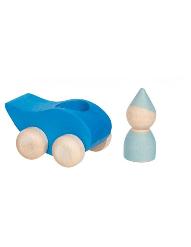 Voiture bleue Petite goutte en bois avec personnage | Les Minis