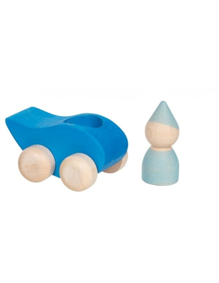 Voiture bleue Petite goutte en bois avec personnage | Les Minis