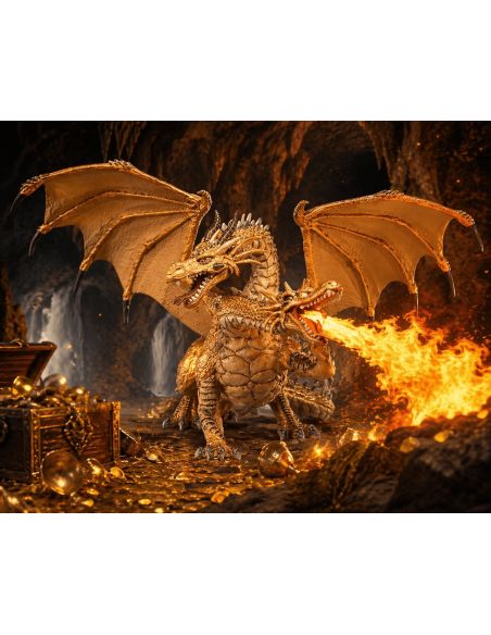 Dragon deux têtes or Papo 38938 — figurine fantastique, Le Médiéval