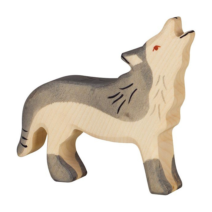 Figurine loup hurlant en bois - Animaux des bois Holztiger | Jouet et jeu libre Montessori Reggio - LesMinis
