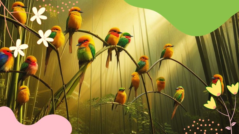 Divers oiseaux perchés sur des tiges de bambou