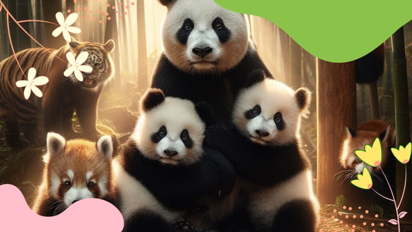 Pandas géants se nourrissant dans une forêt de bambous”