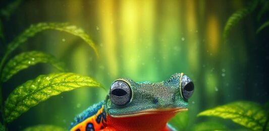 "Grenouille arboricole colorée dans une forêt tropicale luxuriante, représentant la diversité de la vie dans les écosystèmes forestiers.