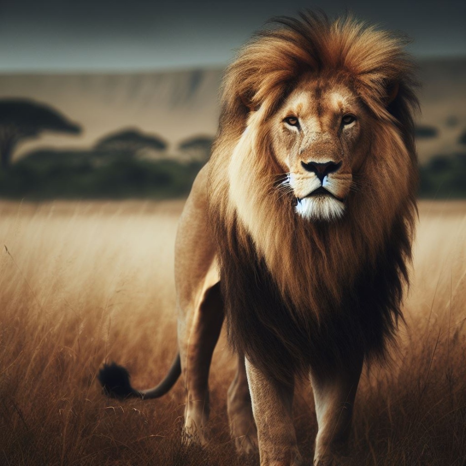 Figurine de lion mâle réaliste en miniature sur fond de savane, symbolisant la puissance et la protection, parfait pour collectionneurs et passionnés de safari.