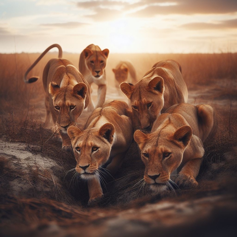 Figurine de lionnes en action de chasse dans un décor de savane miniature, capturant l'esprit de coopération et de stratégie des lions, idéale pour l'éducation sur la faune.