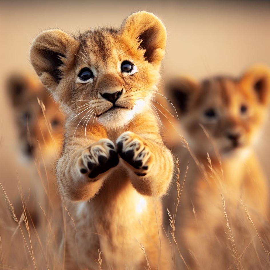 Figurines de lionceaux jouant dans un environnement de savane réaliste, illustrant la vie sociale des jeunes lions, un ajout précieux pour toute collection de jouets safari.