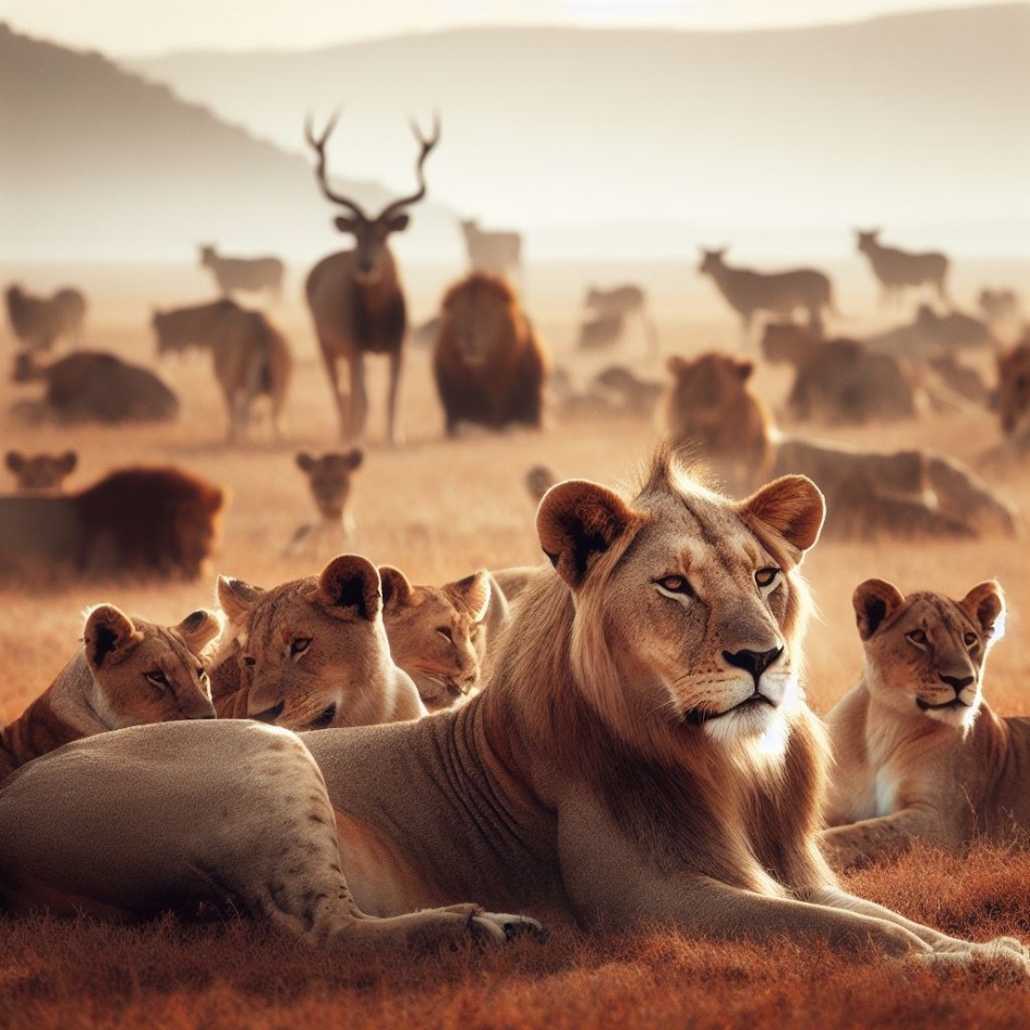 Scène de figurines de lions au repos dans la savane, avec faune variée en arrière-plan, soulignant leur rôle dans l'écosystème, parfaite pour enseignement et collection.