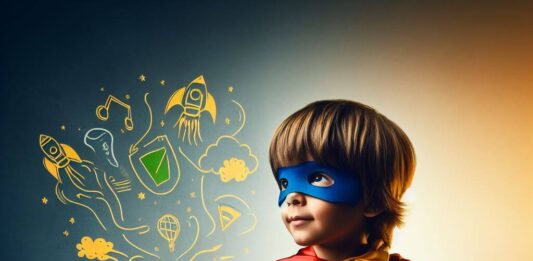 Les Compétences Transversales : Des Super-Pouvoirs pour l’Apprentissage de l’Enfant’ : Enfant déguisé en super-héros illustrant le concept des compétences transversales comme des super-pouvoirs pour l’apprentissage.