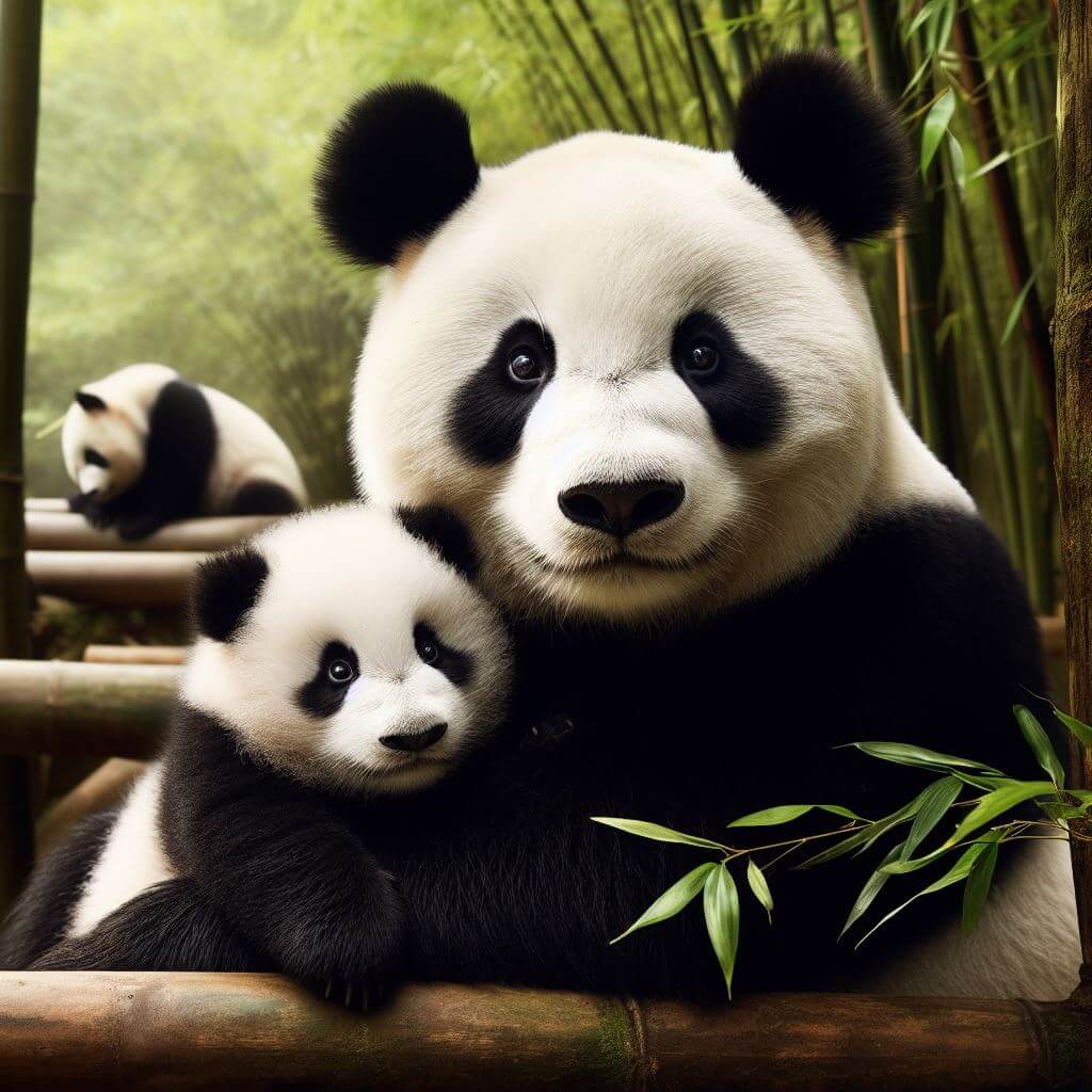 Panda géant : Le panda géant est reconnaissable à son pelage noir et blanc, son visage rond et ses grandes taches noires autour des yeux. Il a un corps conçu pour grimper et une mâchoire puissante pour manger du bambou.