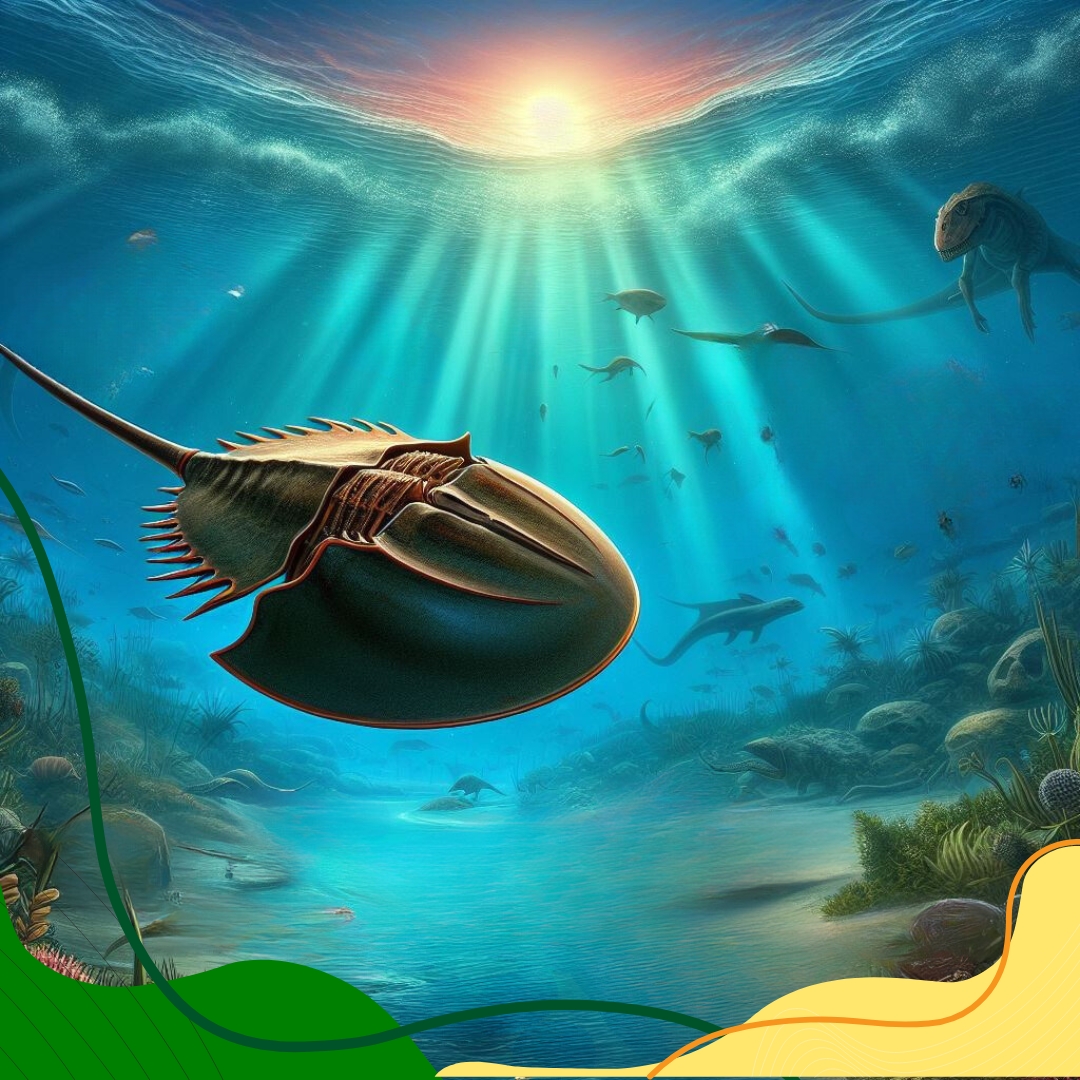 Illustration d'une limule ancienne nageant dans un océan préhistorique