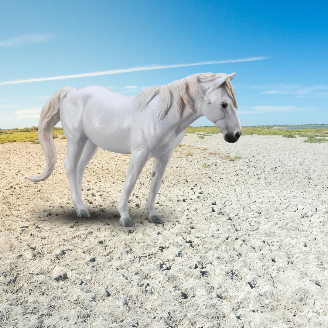 Gros plan figurine cheval Camargue gris Collector sur socle blanc, réplique cheval Camargue haute fidélité 1:9 avec crinière noire et proportions réalistes de la race chevaline Camargue