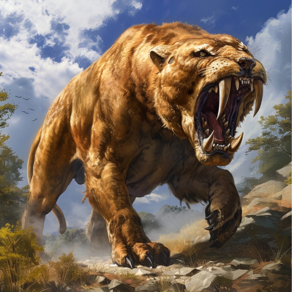 Smilodon animal préhistorique éteint Tigre à dents de sabre attaquant un mammouth laineux, reconstitution paléontologique