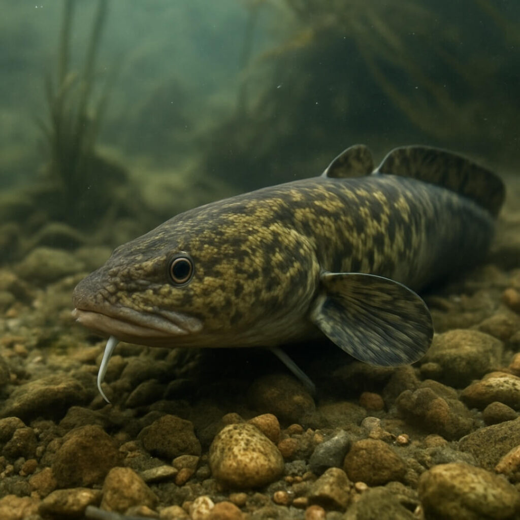 Lotte d'eau douce (Lota lota) montrant son corps allongé et son barbillon caractéristique
