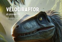 Un modèle animé de Vélociraptor montre ses mouvements et sa démarche.
