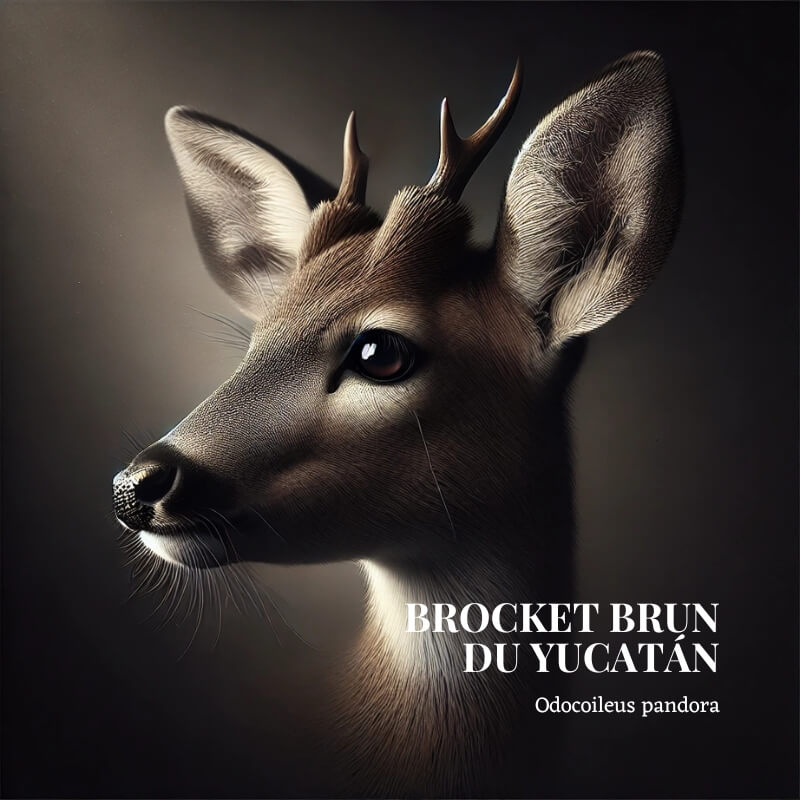 Vue de profil d’un brocket brun dans la pénombre.