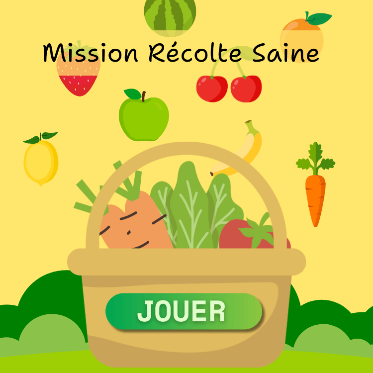 Jeu éducatif enfant 'Mission Récolte Saine' : panier de légumes pour apprendre la nutrition et à manger sainement en s'amusant.