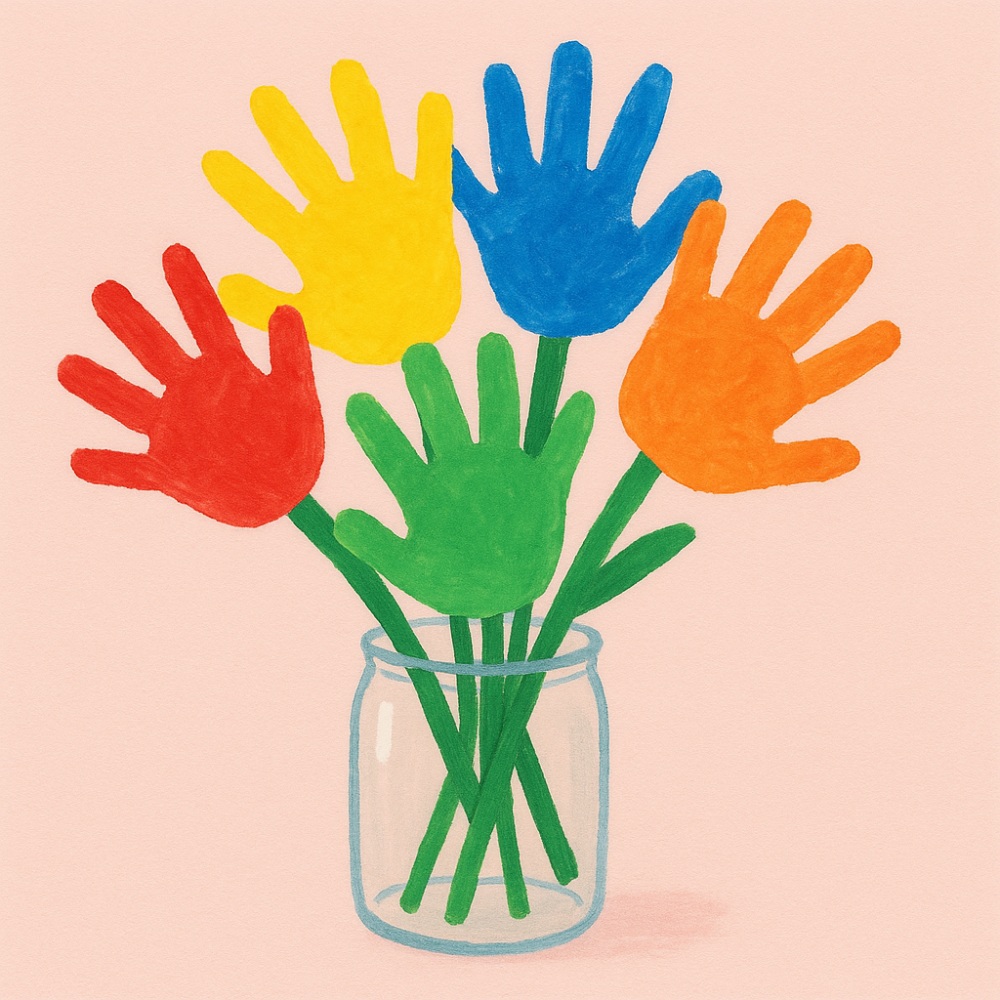 Bouquet de fleurs réalisé avec des empreintes de mains d'enfants colorées