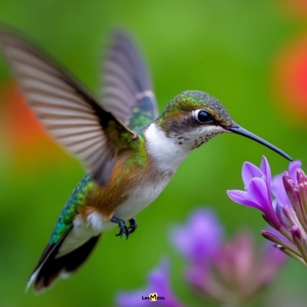 Colibri en vol stationnaire battant des ailes à 80 Hz, démontrant ses capacités aérodynamiques exceptionnelles et son vol en huit