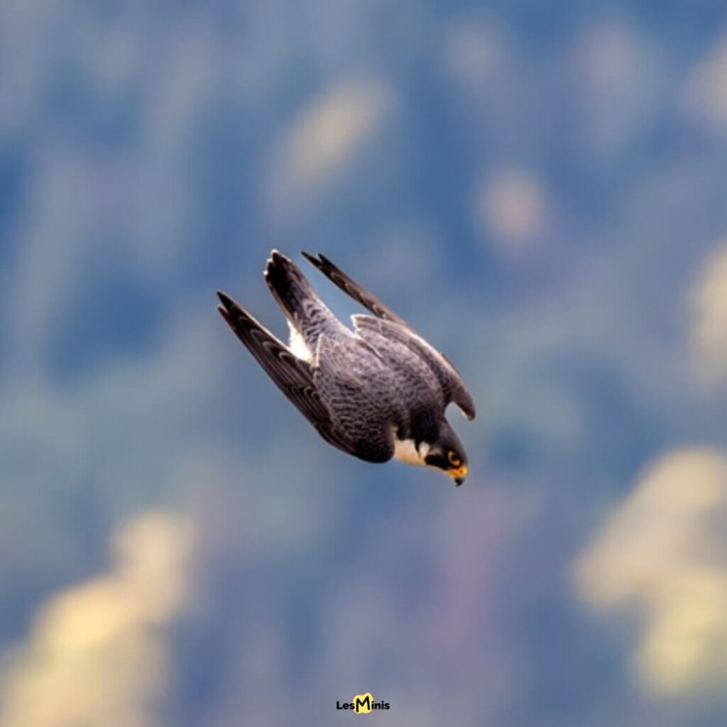 Faucon pèlerin en piqué aérodynamique atteignant 390 km/h, ailes repliées en forme de missile, plus rapide qu'un TGV
