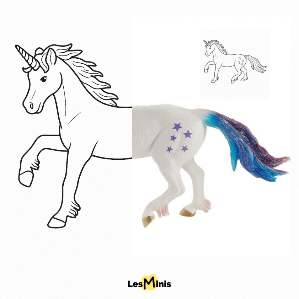 Planche de coloriage gratuit : licorne galopante sous un arc-en-ciel, activité créative pour enfants