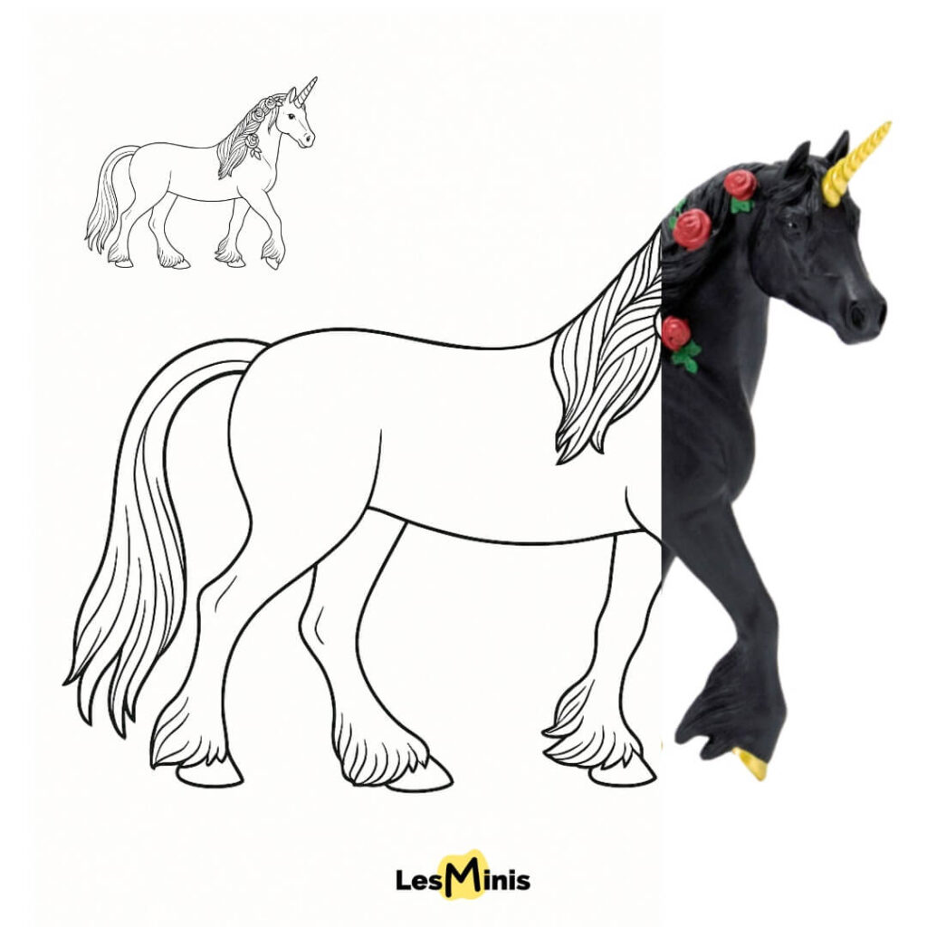 Planche de coloriage gratuit : licorne galopante sous un arc-en-ciel, activité créative pour enfants licorne noire safari pdf offert