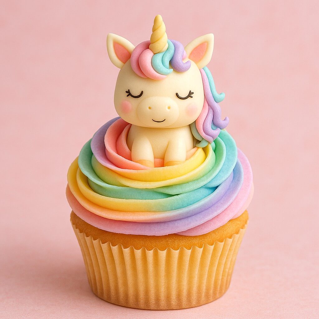 Cupcake arc-en-ciel décoré d’une petite licorne pastel : exemple de la tendance unicorn food sur les réseaux sociaux