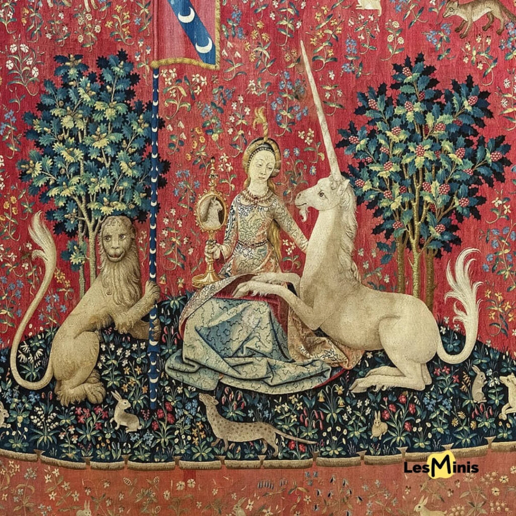 Tapisserie médiévale La Dame à la licorne : Une licorne blanche aux côtés d’une dame noble, symbole de pureté au Moyen Âge