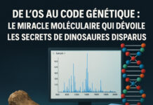 Infographie pédagogique montrant comment la paléoprotéomique extrait et analyse des protéines de collagène fossilisées d'un Parasaurolophus de 76 millions d'années, comparant la persistance des protéines vs ADN à travers le temps et les techniques de laboratoire modernes