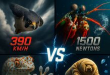 Collage de 4 animaux aux records extraordinaires : faucon pèlerin en piqué à 390 km/h, crevette-mante frappant à 1500 newtons, gecko défiant la gravité par adhésion, et tardigrade indestructible survivant dans l'espace