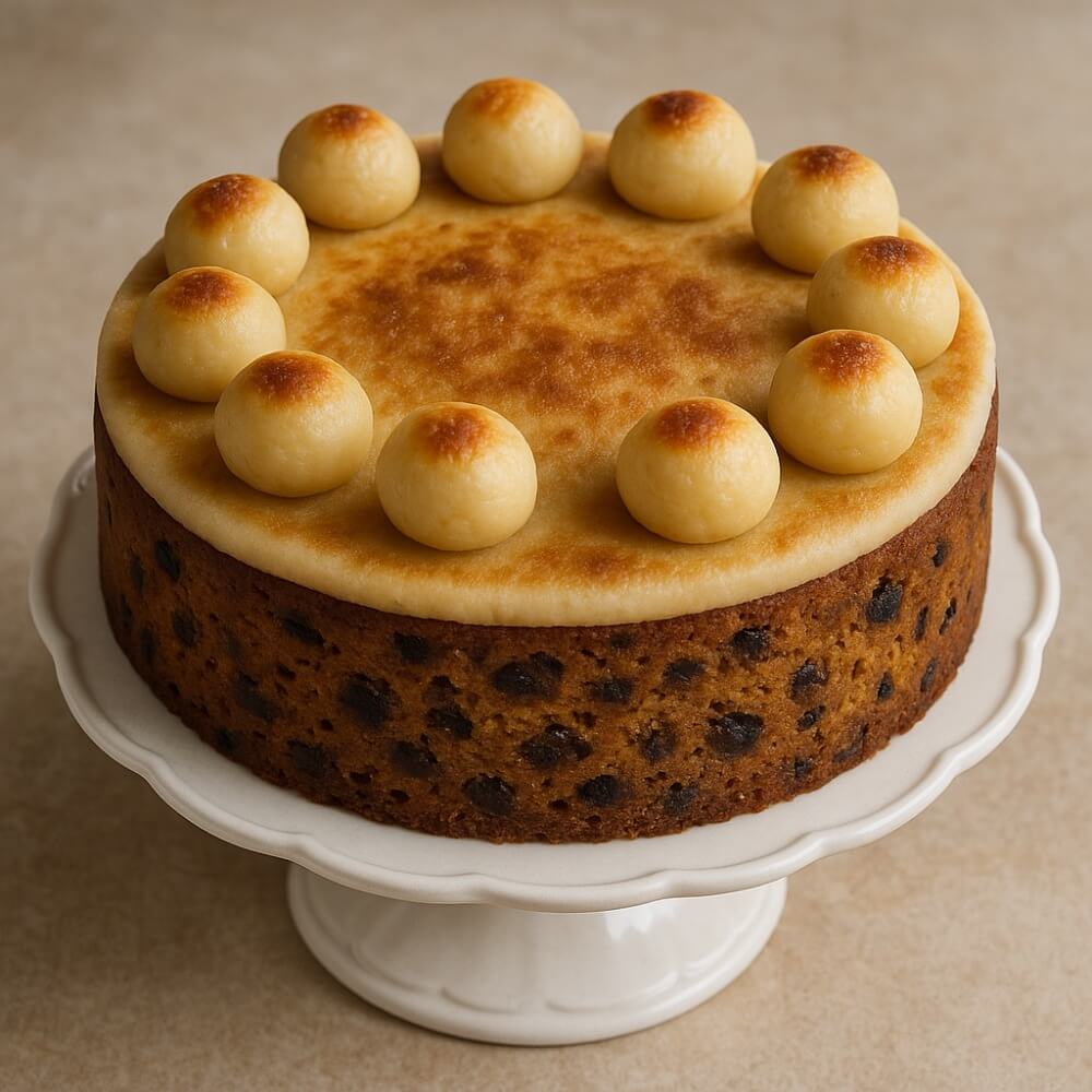 Simnel cake traditionnel britannique avec ses 11 boules de massepain représentant les apôtres, préparé pour le Mothering Sunday
