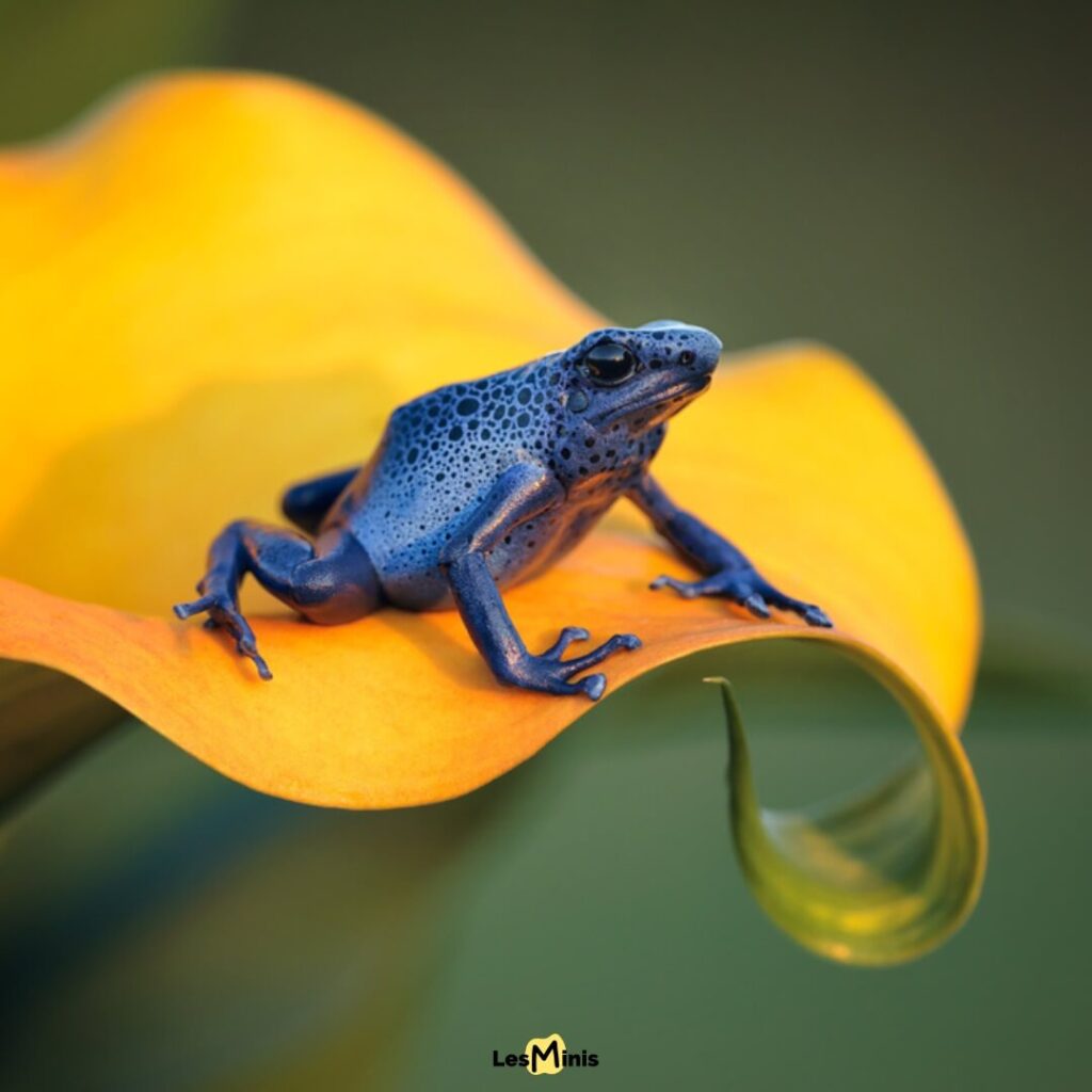 Grenouille dendrobate venimeuse aux couleurs fluo jaune et bleu électrique, animal toxique d'Amérique du Sud