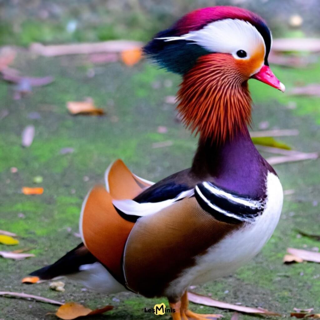 Canard mandarin mâle multicolore avec plumage vert orange rouge, oiseau aquatique aux couleurs extraordinaires