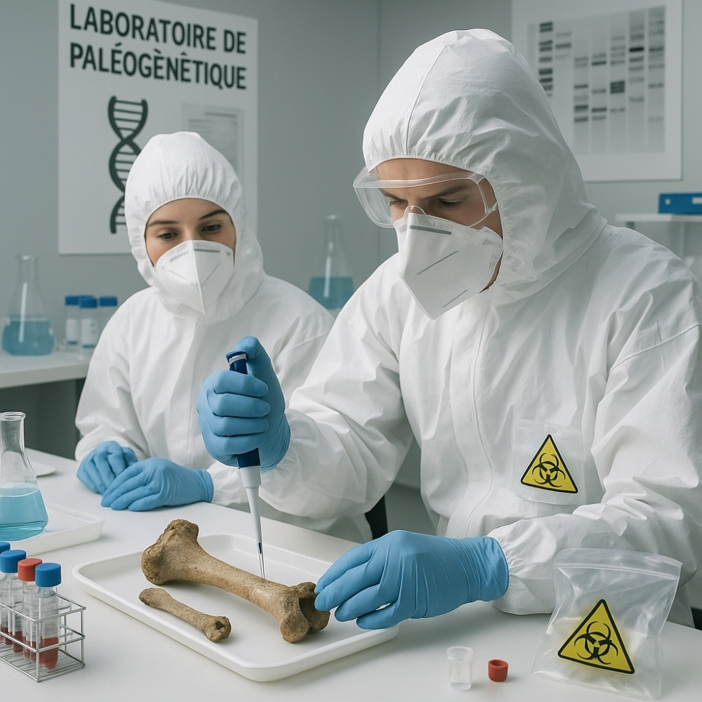 Laboratoire de paléogénétique avec scientifiques en tenue spéciale extrayant l'ADN ancien d'ossements préhistoriques avec mesures anti-contamination