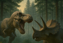 Tyrannosaurus rex chassant un Tricératops dans la forêt du Crétacé supérieur il y a 66 millions d'années