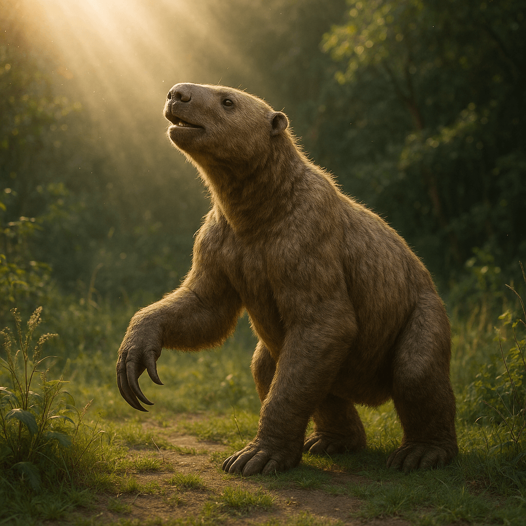  Megatherium, paresseux terrestre géant dressé sur ses pattes arrière mangeant des feuilles hautes