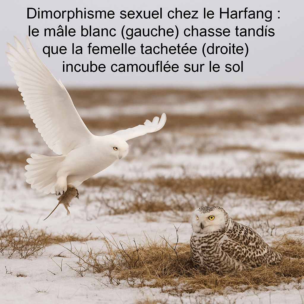 Comparaison mâle blanc vs femelle tachetée harfang des neiges dimorphisme sexuel