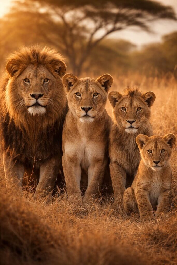 Une troupe de lions dans la savane africaine avec lionnes et lionceaux
