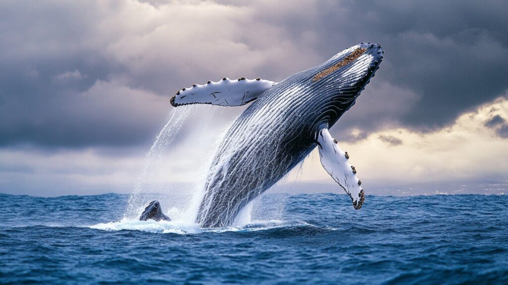 Baleine à bosse sautant hors de l'eau avec son baleineau — cétacé en pleine mer